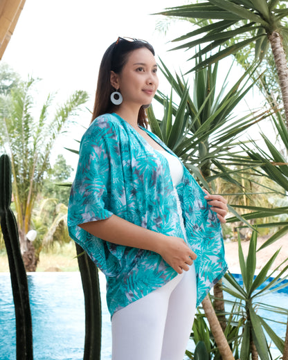 Fern Print Short Kimono - Mint & Grey