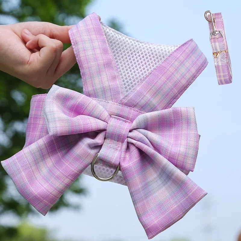 Ruffle Bow Dress Dog Harness and Leash Set | Dog Walking Outfit