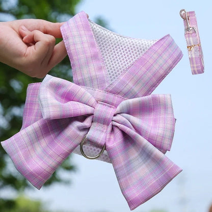 Ruffle Bow Dress Dog Harness and Leash Set | Dog Walking Outfit