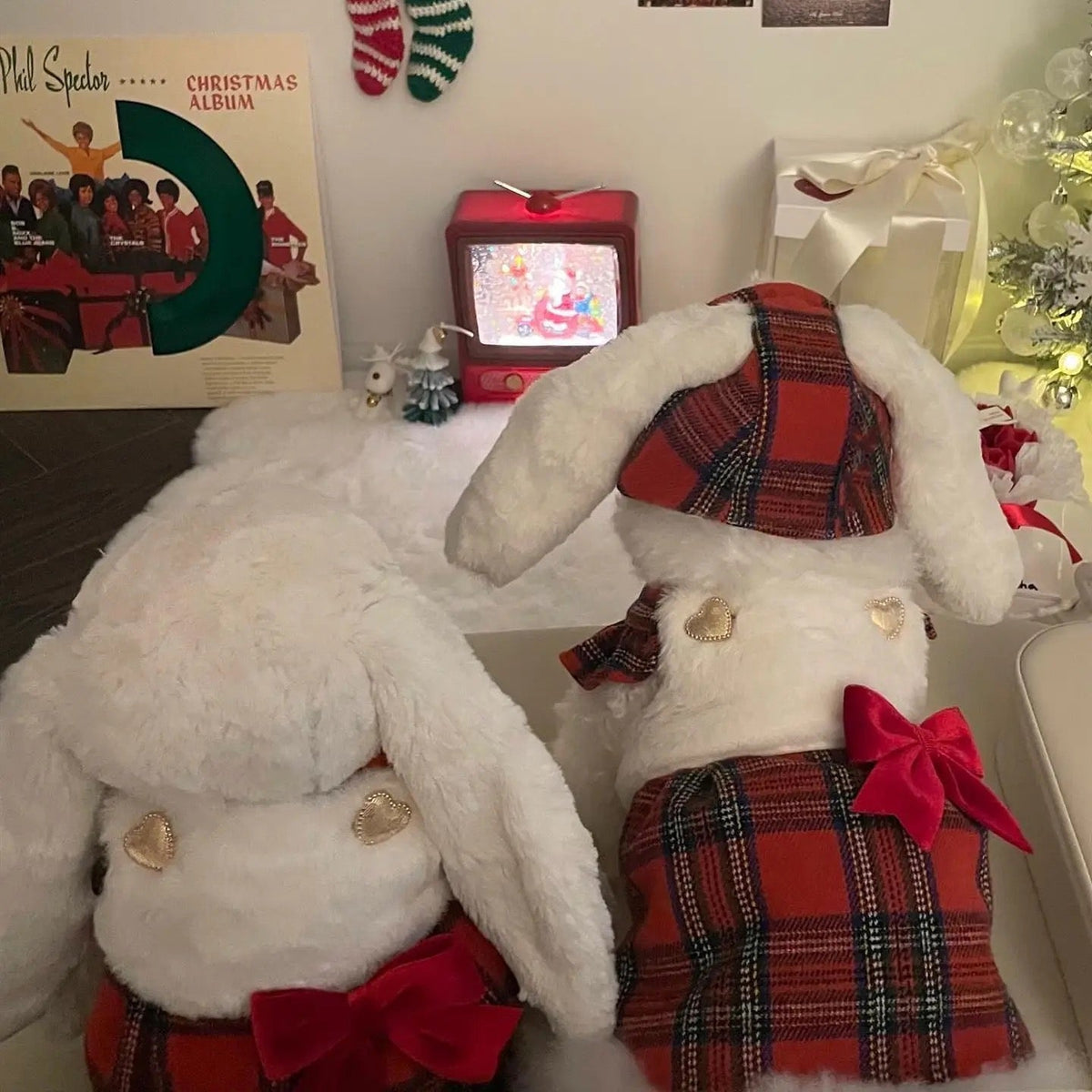 Winter Bunny Dress for Dogs – Red Plaid Dog Dress with Hat