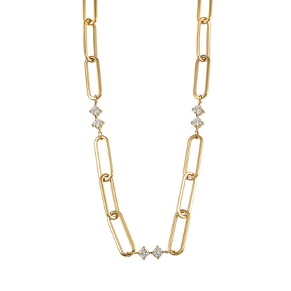Collier en or ELOPPINA : Chaîne trombone avec accents en zircon et un pendentif perle d'eau douce