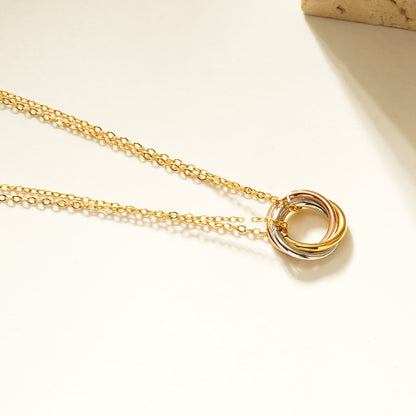 ELVIRA Mixed Metals: Double Chain Dainty Necklace with Intertwined 3-Ring Pendant – Symbol of Love, Unity & Eternity