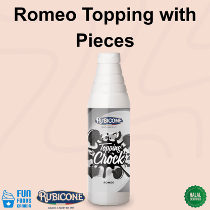 Garniture au Chocolat Biscuits et Crème avec Morceaux - Bouteille Squeeze 1 KG - Garniture Romeo (Oreo) Crock - Rubicone Canada - Livraison Gratuite au Canada pour les Commandes de Plus de 199 CAD