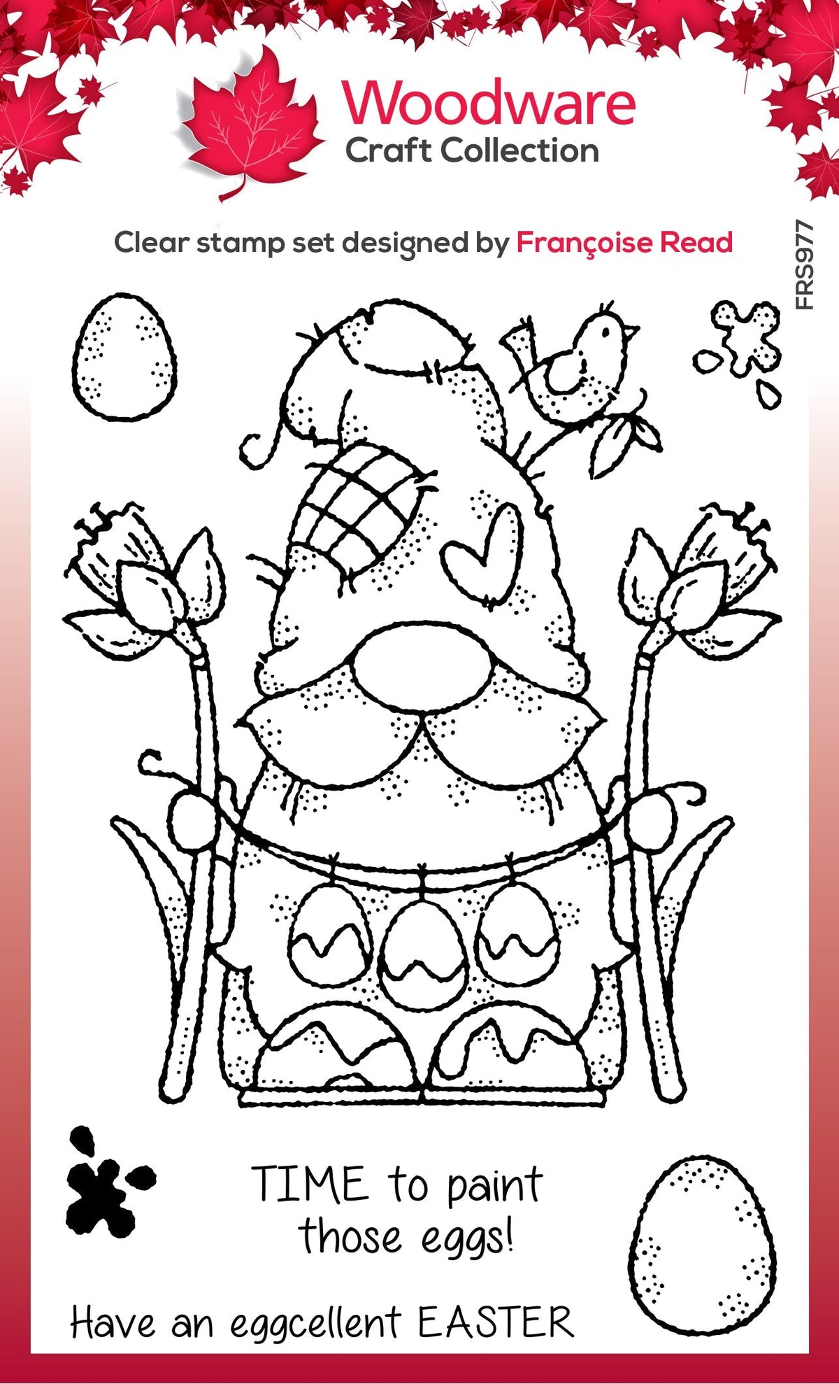 Tampon Woodware Clear Singles « Gnome peinture d'œufs » 4 po x 6 po