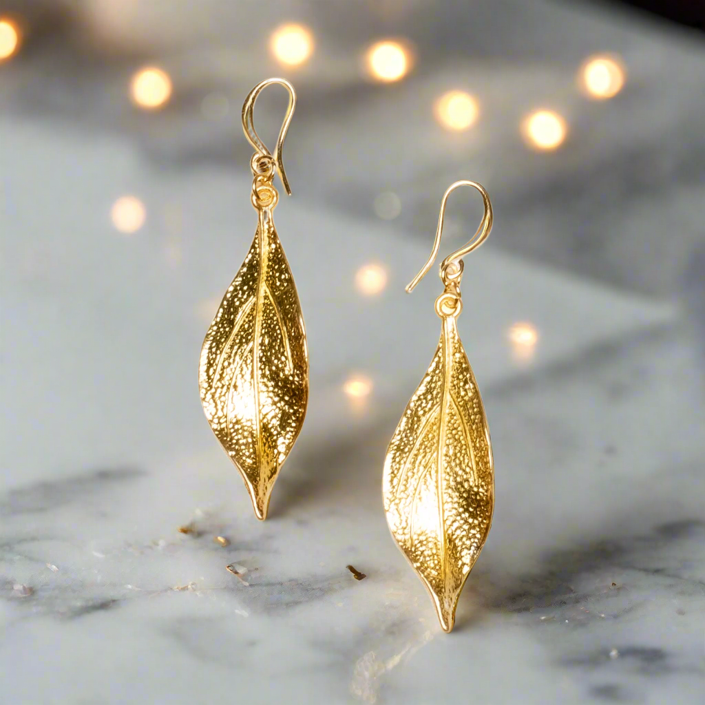 Textured Leaf Earrings- Gold Plate