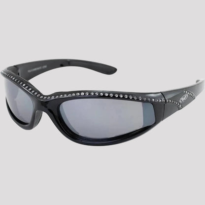 Global Vision Marilyn Women’s Rhinestone Motorcycle Sunglasses. Foam Padded Bling Riding Glasses with Shatterproof Flash Mirror Lenses