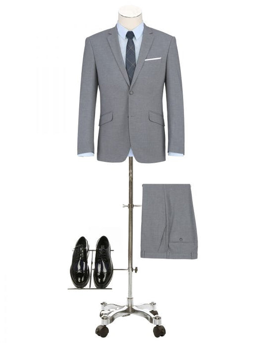 BUILD YOUR PACKAGE: Grey Stretch Trim Fit Suit (Package Includes 2 Pc Suit, Shirt, Necktie or Bow Tie, Matching Pocket Square, & Shoes)