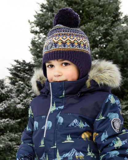 Lined Peruvian Knit Hat With Pompom Taupe And Navy