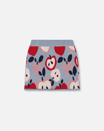 Knit Skirt Blue And Red With Apple Heart Jacquard