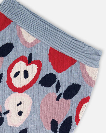 Knit Skirt Blue And Red With Apple Heart Jacquard