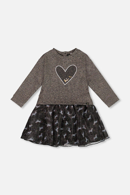 Bi-Material Dress Black With Mesh Skirt And Heart