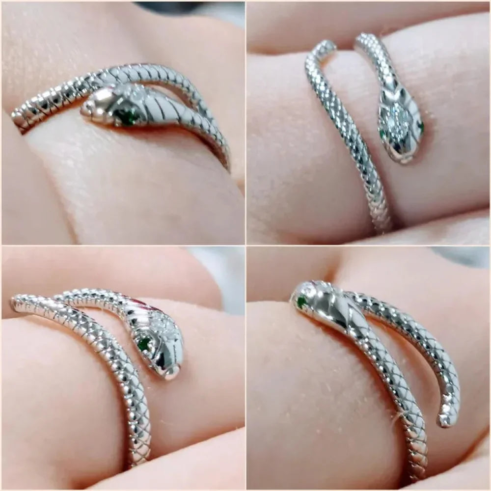 Bague Serpent Réglable en Argent Sterling 925 avec Zircon Vert - Bijou Fantaisie Disponible en 4 Couleurs