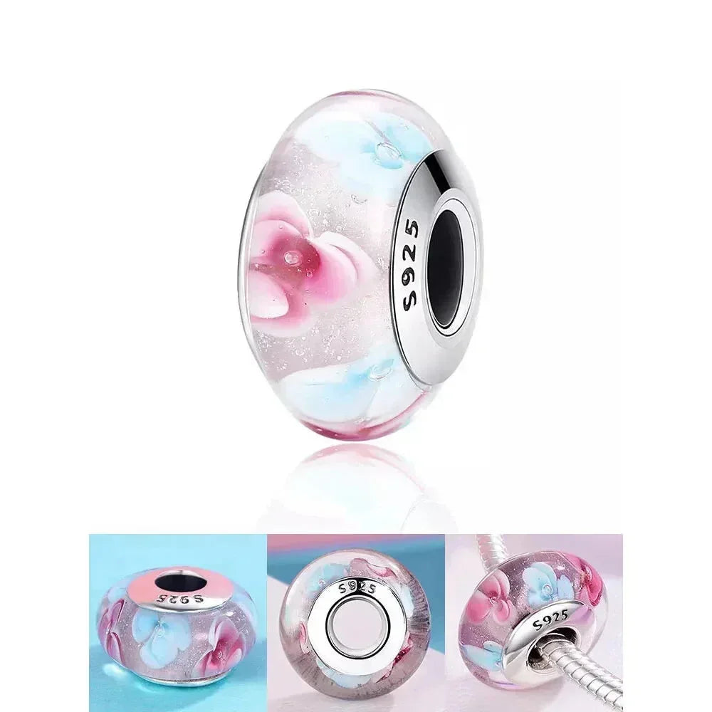 925 Sterling Silver Pink Flower Murano Glass Beads - Diy Bracelet Charms For A Festive Touch (Scz001)