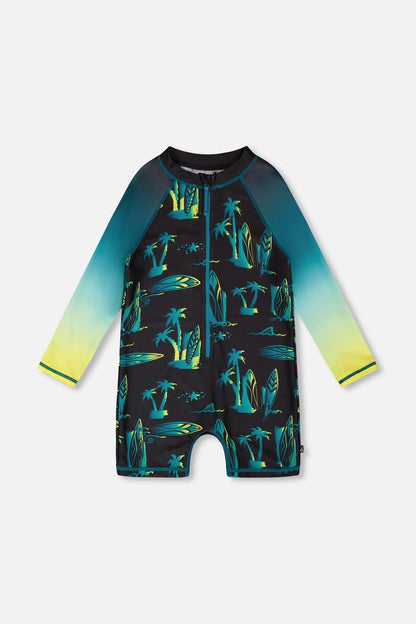 One-Piece Long Sleeve Rashguard Black Surf Print