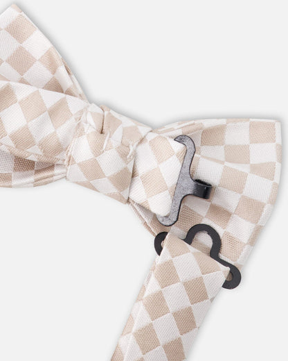 Nœud papillon à carreaux blanc et sable