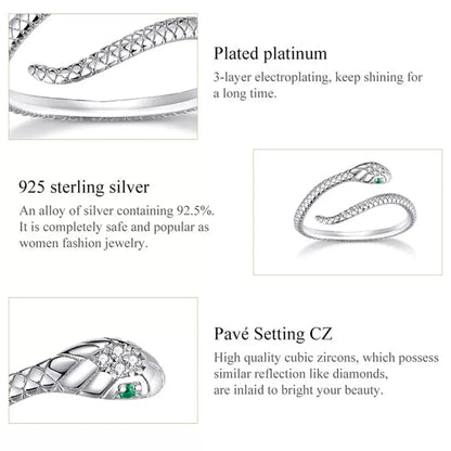 Bague Serpent Réglable en Argent Sterling 925 avec Zircon Vert - Bijou Fantaisie Disponible en 4 Couleurs