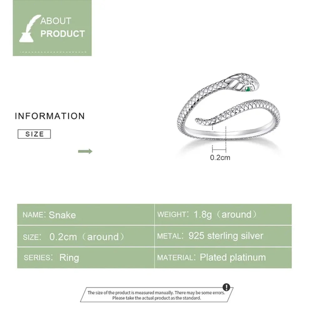 Bague Serpent Réglable en Argent Sterling 925 avec Zircon Vert - Bijou Fantaisie Disponible en 4 Couleurs