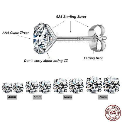 Boucles d'oreilles clous Cz - Argent sterling 925 plaqué platine - Zircons cubiques ronds hypoallergéniques 4mm 5mm 6mm 7mm Bse166