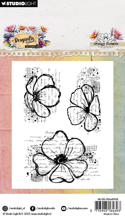 HE Tampon Transparent Fleurs Grungy Rêves de Libellule 62x93x3mm 3 Pièces
