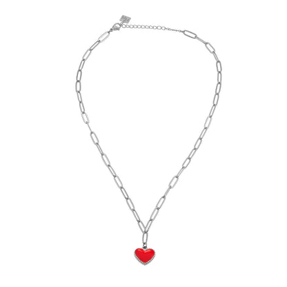 Style HEART ROUGE Silver (White Gold): Paper Clip Chain Anchoring an Enameled Red Heart Charm