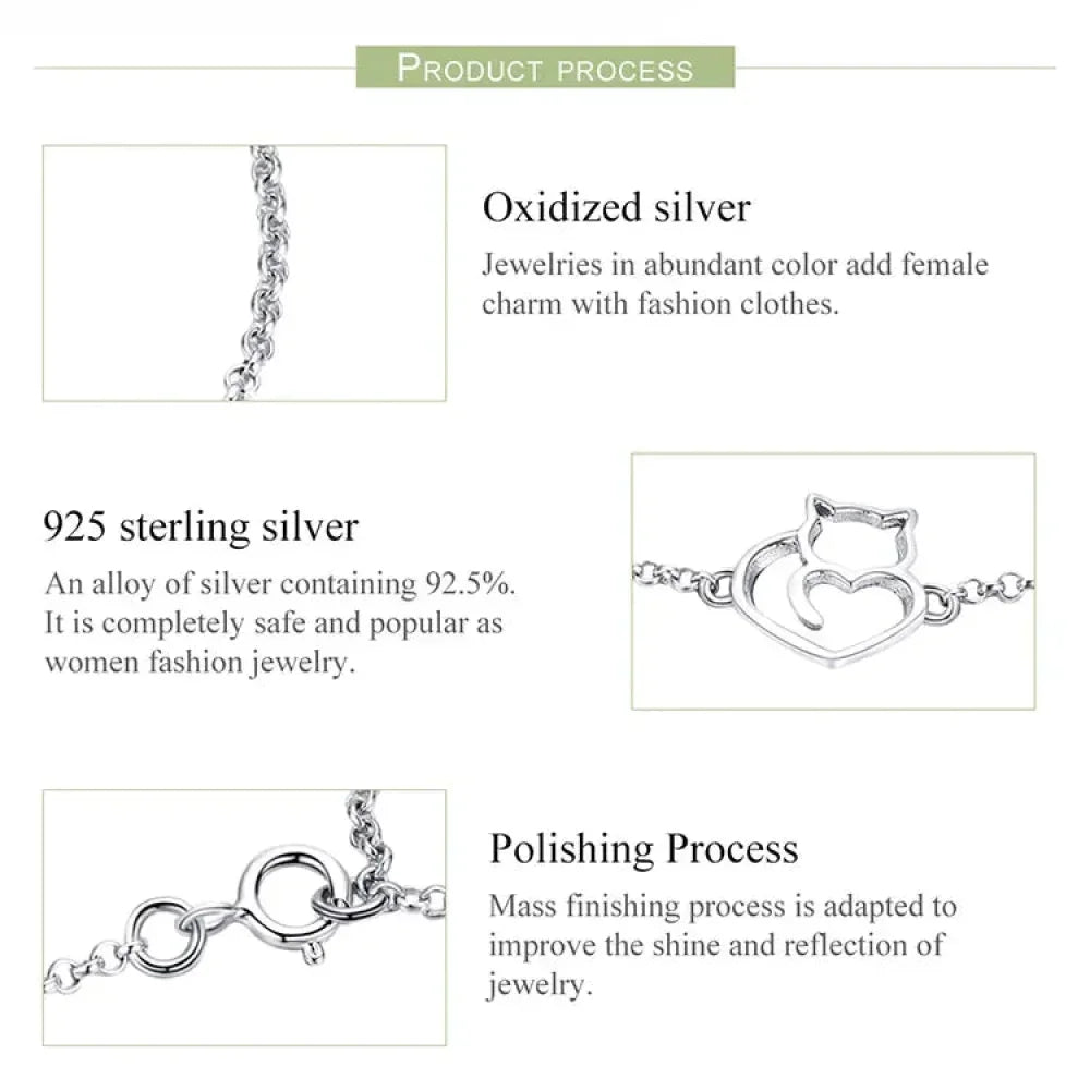 Bracelet Chaîne Cœur Chat en Argent Sterling 925