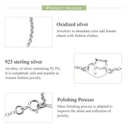 Bracelet Chaîne Cœur Chat en Argent Sterling 925