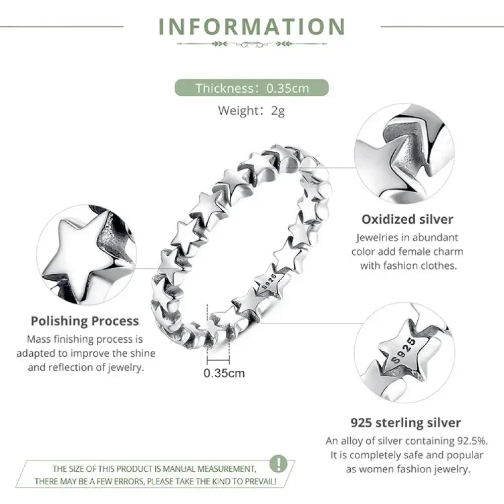 Bague en argent sterling 925 avec étoiles et cœurs