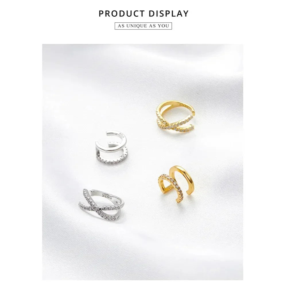 Manchette d'oreille en argent sterling 925 - Boucles d'oreilles clip élégantes couleur or pour femmes