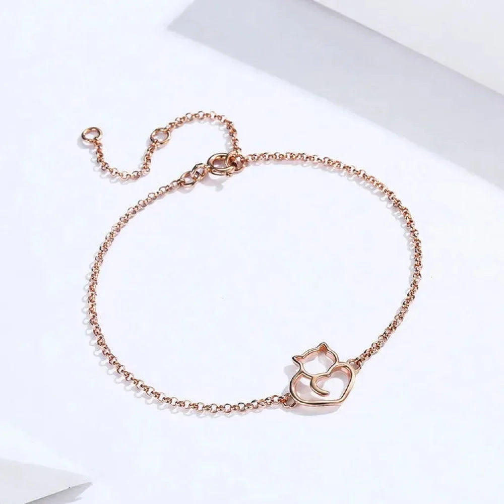 Bracelet Chaîne Cœur Chat en Argent Sterling 925