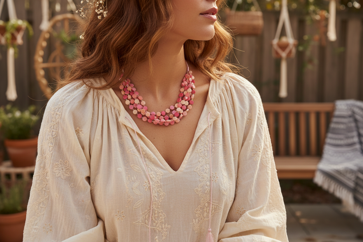 Collier disque en résine et perles de verre
