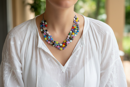 Collier disque en résine et perles de verre