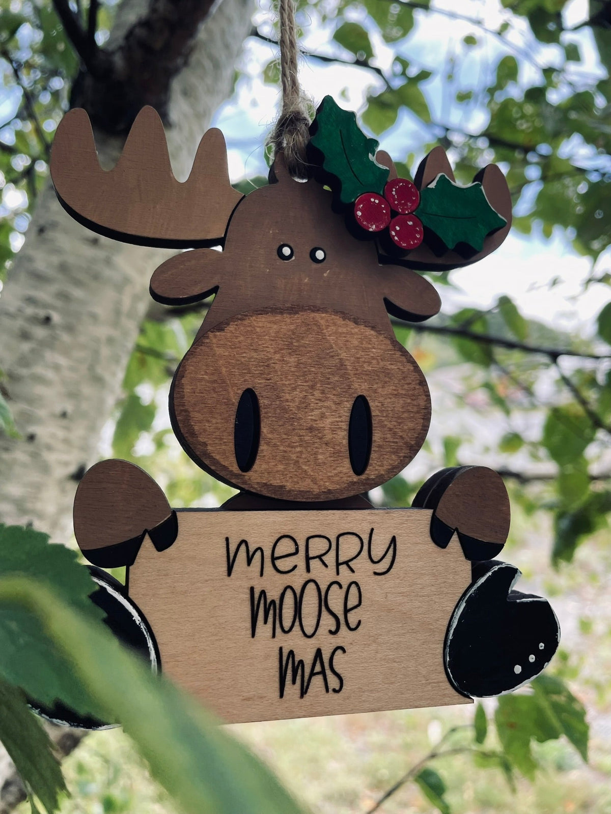 Hand-Painted “Merry Moose-Mas” Wooden Ornament , Handmade Plywood Christmas Decoration