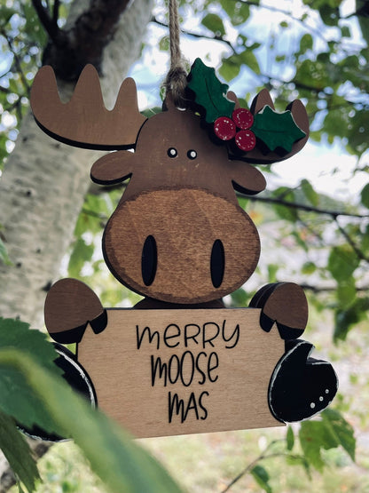 Hand-Painted “Merry Moose-Mas” Wooden Ornament , Handmade Plywood Christmas Decoration
