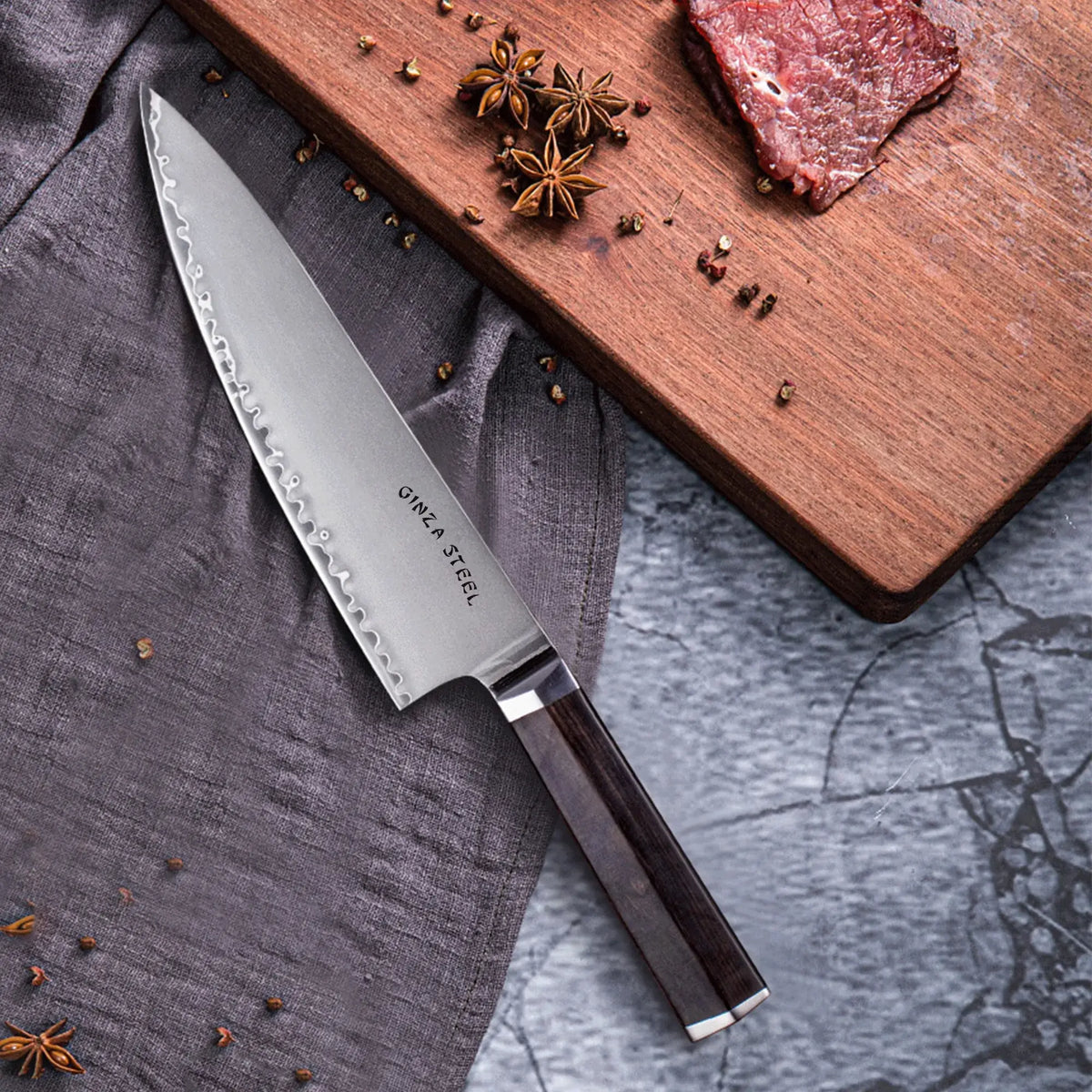 PORTIA 20 | Couteau de chef 20 cm Acier Damas VG10 / Manche en bois d'ébène