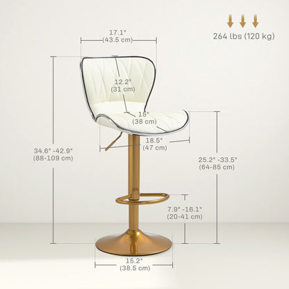 Lot de 2 tabourets de bar Maxi hauteur comptoir - Hauteur réglable et siège pivotant - Blanc/Or
