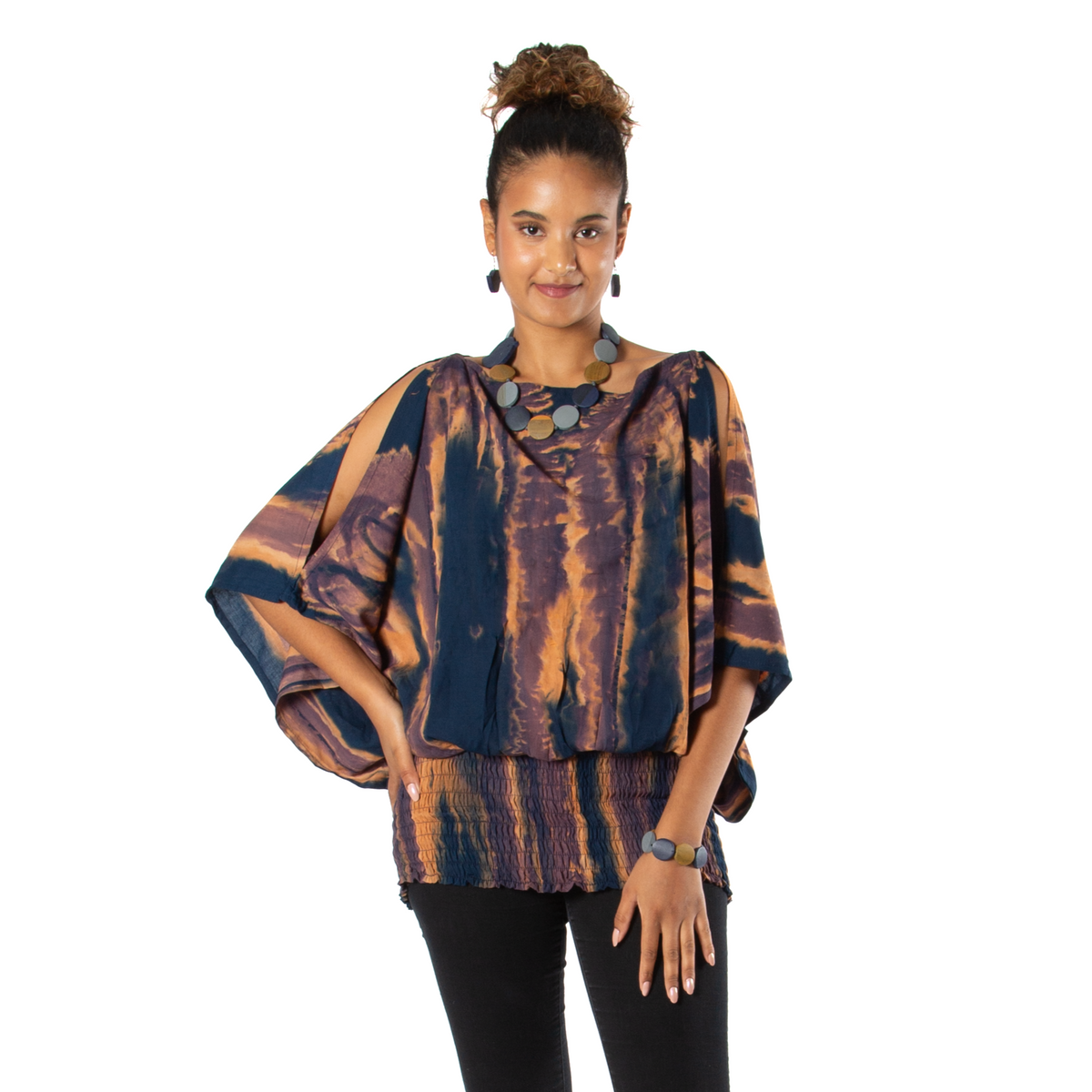 Abstract Tie Dye Split Shoulder Top -Blue & Gold