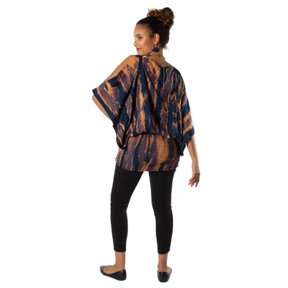 Abstract Tie Dye Split Shoulder Top -Blue & Gold