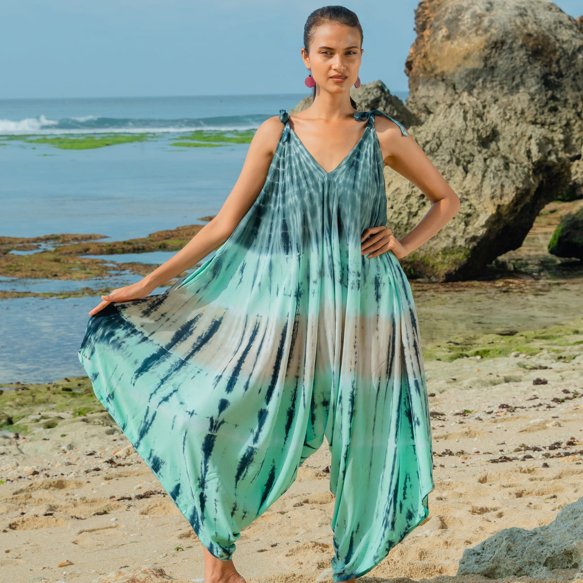 Tie Dye Stripe Romper - Turquoise & Grey