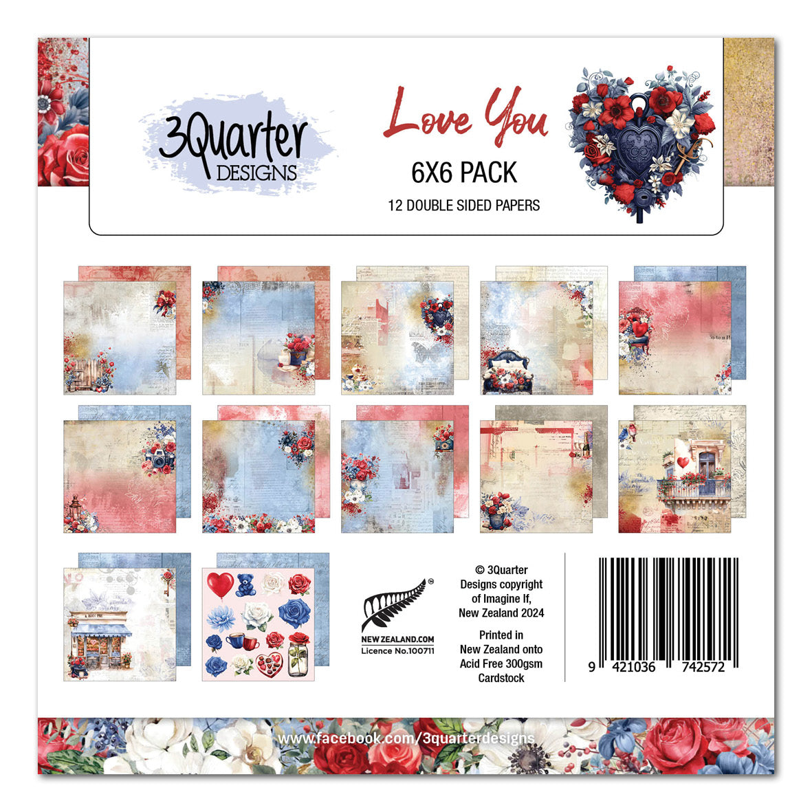 Bloc de papiers 3Quarter Designs Love You 15x15 cm