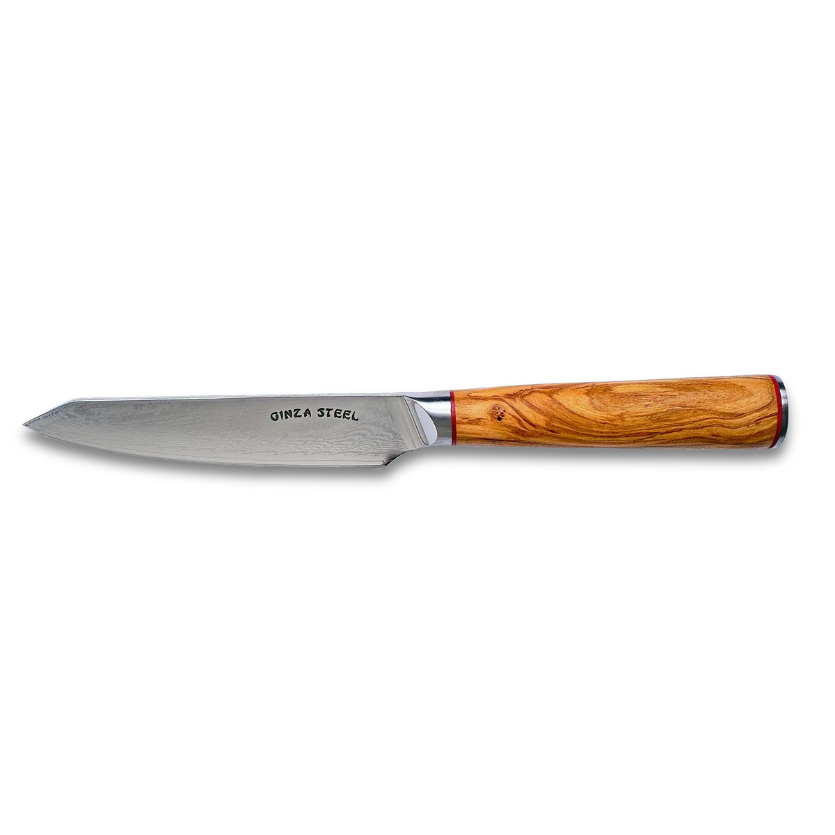 Couteau de cuisine Ginza Steel MIA 12, 13 cm – Acier Damas AUS10, 67 couches, manche en bois d'olivier
