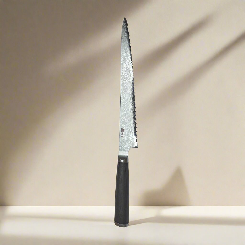 Trancheuse à pain Miyako SUS 240mm | Lame en acier Damas 33 couches – Fabriquée au Japon