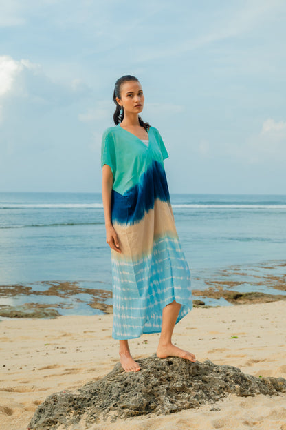 Ombre Strped Kaftan Dress - Blue & Tan