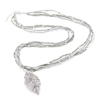 Suede & Beaded Necklace with Leaf Pendant