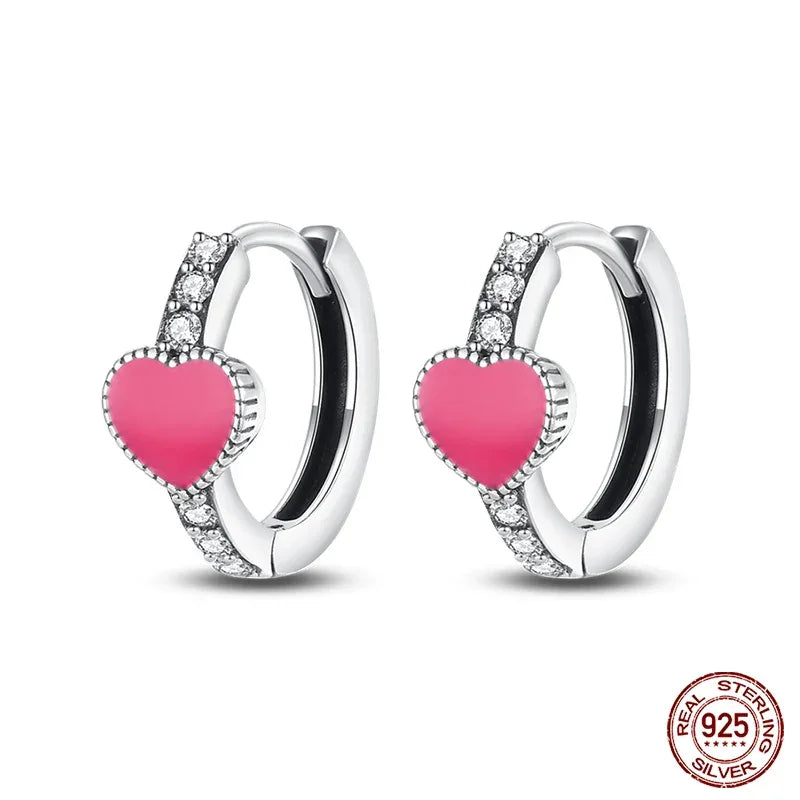 Boucles d'oreilles créoles huggies en argent sterling cœur rose romantique avec oxydes de zirconium