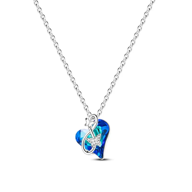 Collier en argent sterling 925 avec pendentif papillon et cœur en cristal bleu | Chaîne en oxyde de zirconium