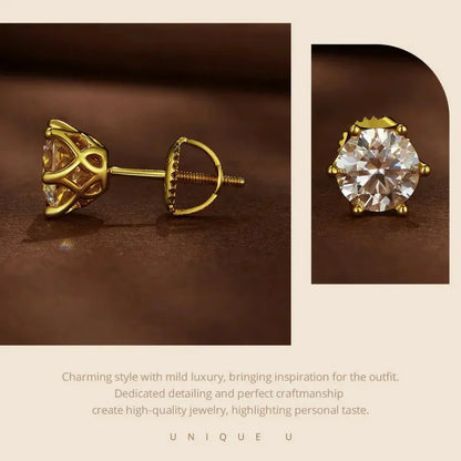 Puces d'oreilles rayonnantes en moissanite | Coupe ronde couleur D, argent 925 plaqué or