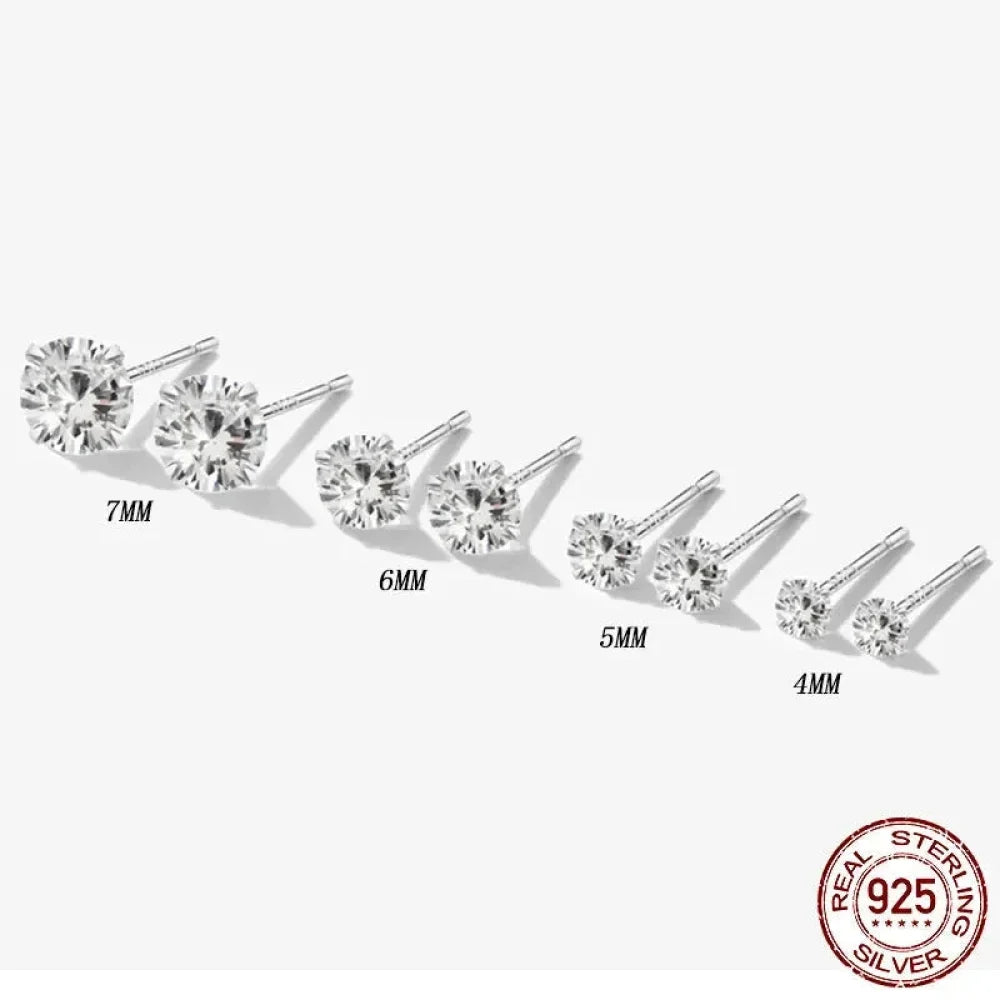 Boucles d'oreilles clous Cz - Argent sterling 925 plaqué platine - Zircons cubiques ronds hypoallergéniques 4mm 5mm 6mm 7mm Bse166