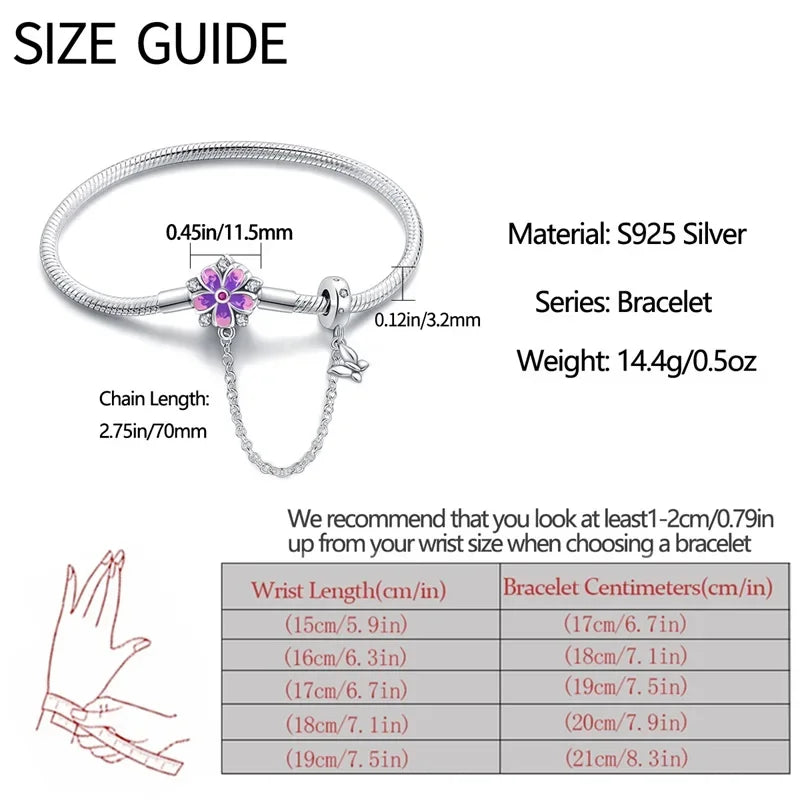 Bracelet à breloques floral en argent sterling avec chaîne de sécurité