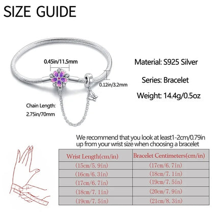 Bracelet à breloques floral en argent sterling avec chaîne de sécurité