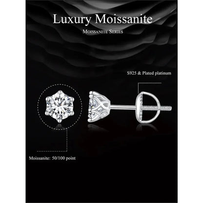 Puces d'oreilles rayonnantes en moissanite | Coupe ronde couleur D, argent 925 plaqué or